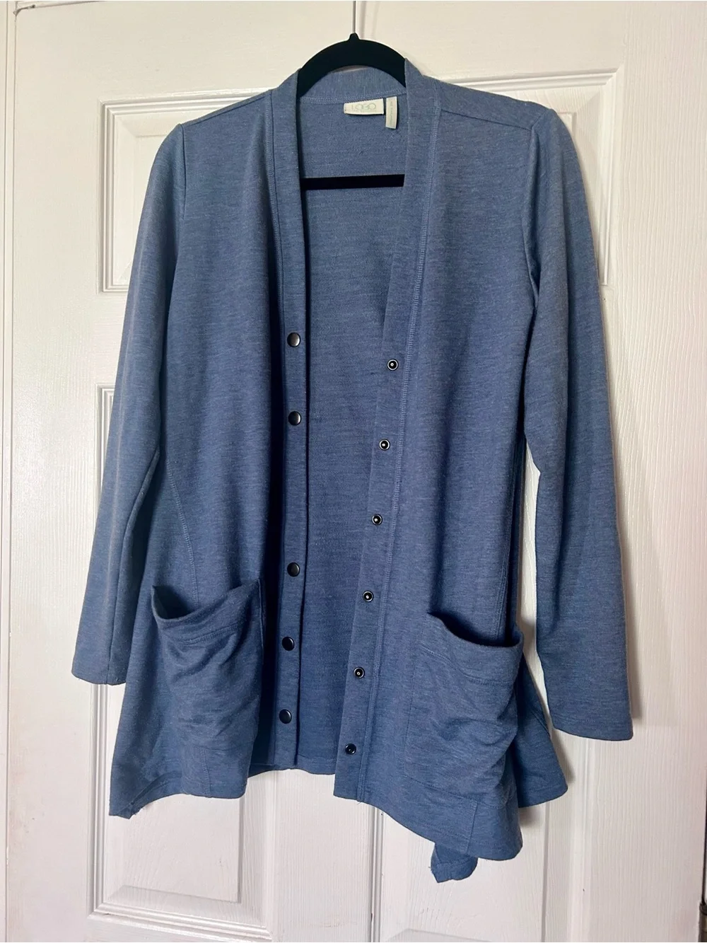 LOGO by Lori Goldstein Snap Cardigan Blue Heather Pockets Slouchy, XXS
